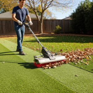 A person using a power broom on artificial turf to remove debris.