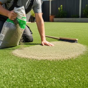 A person applying infill to an artificial lawn.