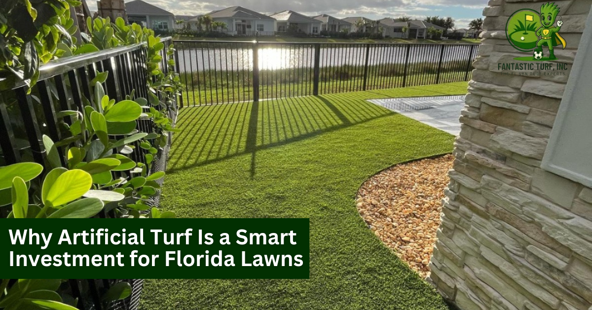 Artificial turf installed in a Florida backyard, bright green and neatly edged, with palm trees and a patio under sunny weather.